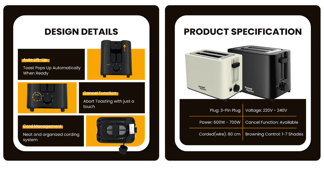 Russell Taylors 2 Slices 7-Shades Bread Toaster T2 |  7 Shade Settings | Extra Wide Slots | Auto Lift Up | Cancel Function |  Easy Clean Crumb Tray | Toaster with 2 Years Warranty