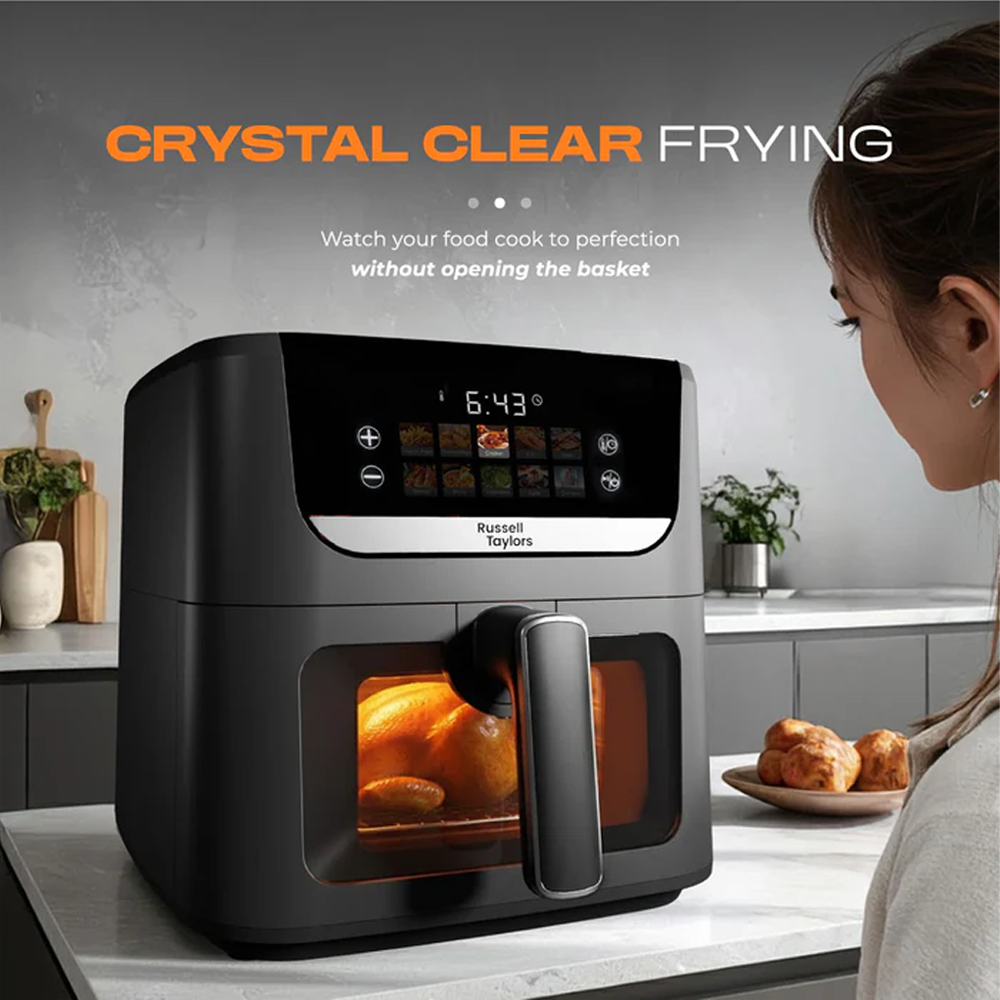 Russell Taylors 6.5L Clear Visible Window Digital Air Fryer Z6L | Smart Control Panel | Non-Stick Pan & Removable Tray
