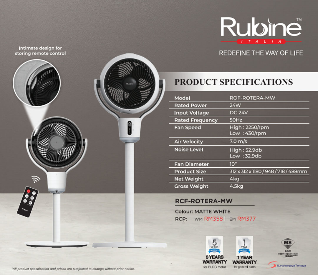 Rubine 10" 4-in-1 Adjustable Air Circulation Fan ROF-ROTERA-MW | 100° Vertical Swing Angle | High-torque Spiral Blades | High-speed and Long-distance Air Circulation up to 10m Distance | Fan with 1 Year Warranty
