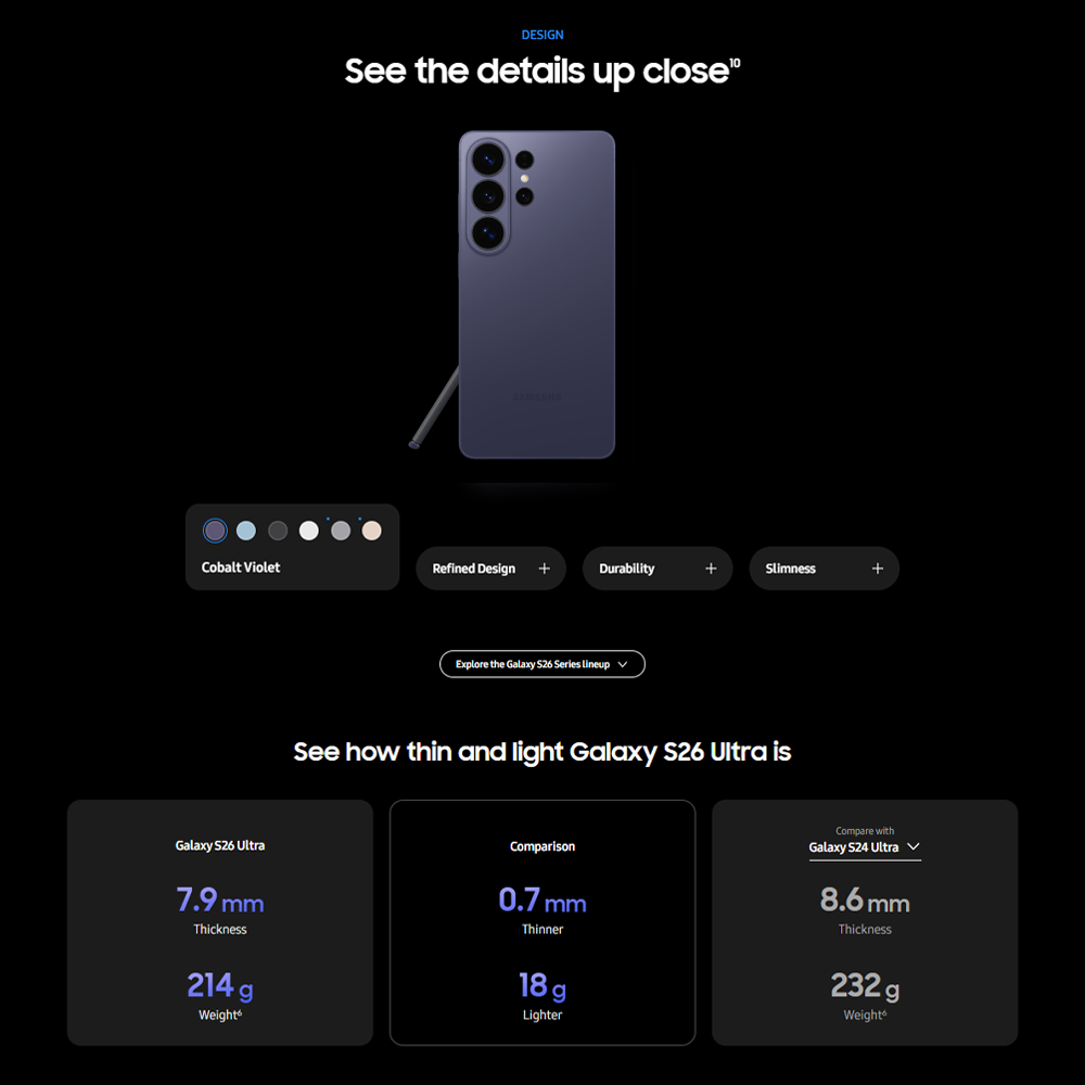 SAMSUNG Galaxy S26 Ultra 12GB+256GB/ 12GB+512GB/ 16GB+1TB | 6.9 inches | 200MP Rear Camera | Li-Ion 5000 mAh | Android 16, One UI 8.5 | Qualcomm SM8850-AC Snapdragon 8 Elite Gen 5 (3 nm)