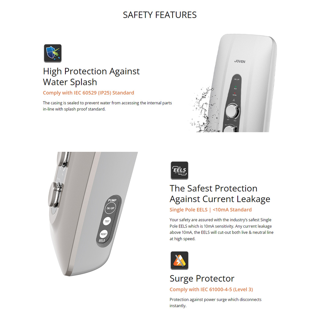 JOVEN 3600W DC Inverter Silent Pump Water Heater SB11iP | 5 Spray Showerhead | SFS Technology | Durable Copper Heating Element | Water Heater with 1 Year Warranty