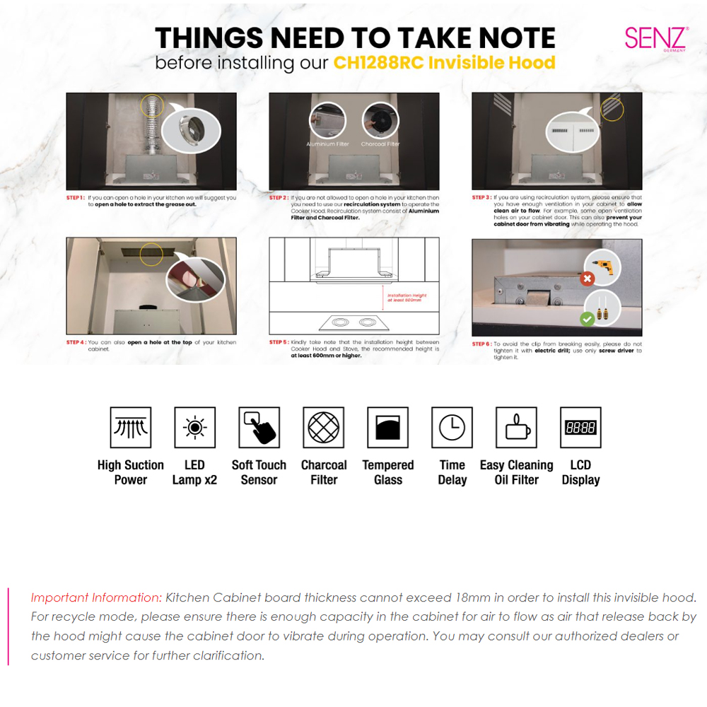 SENZ 1200m3/h Invisible Cooker Hood SZ-CH1288RC | 3 speeds power | Twin Carbon Filters | LED lights