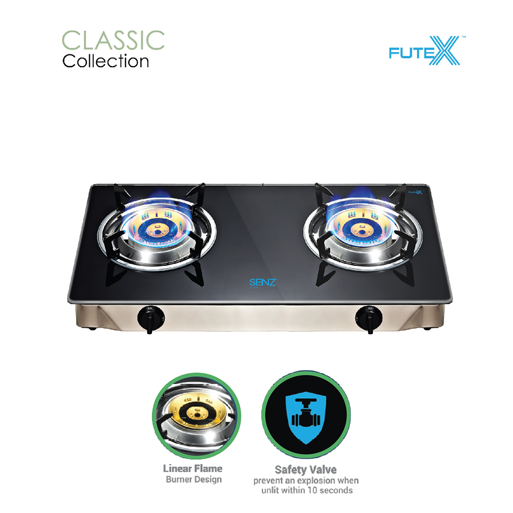 SENZ 2 Burners Portable Table Top SPIRAL/LINEAR FLAME Gas Stove with Safety Valve SZ-GS202/SZ-GS303| Futex Glass Heat Resistance