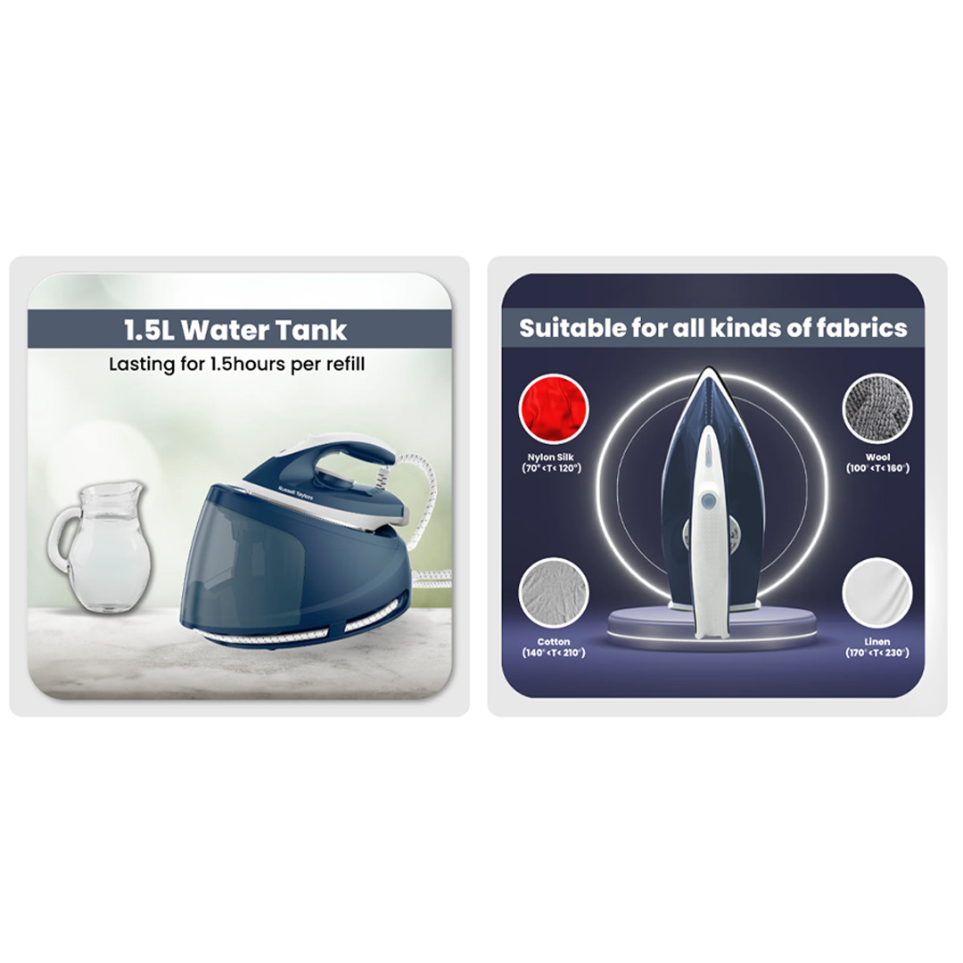 Russell Taylors 2400W Steam Generator Steam Iron Blue SG-10 | Effectively Removes Stubborn Wrinkles | 1.5L Water Tank | 2min Heat Up | Iron with 2 Year Warranty