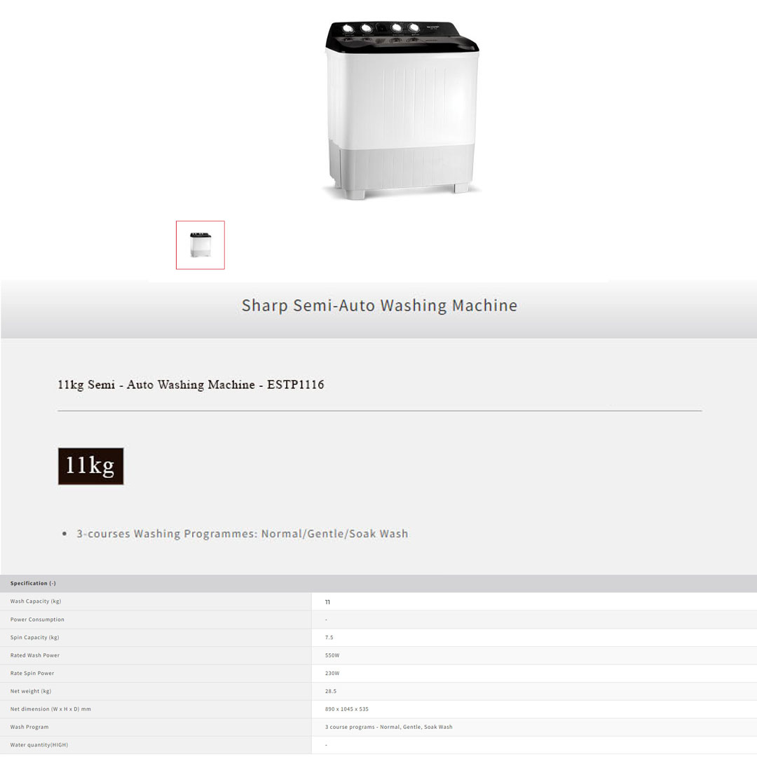 Sharp 11KG Semi Auto Washing Machine ESTP1116 | 3-courses Washing Programmes | Wash Timer | Spin Timer | Washing Machine with 1 Year Warranty