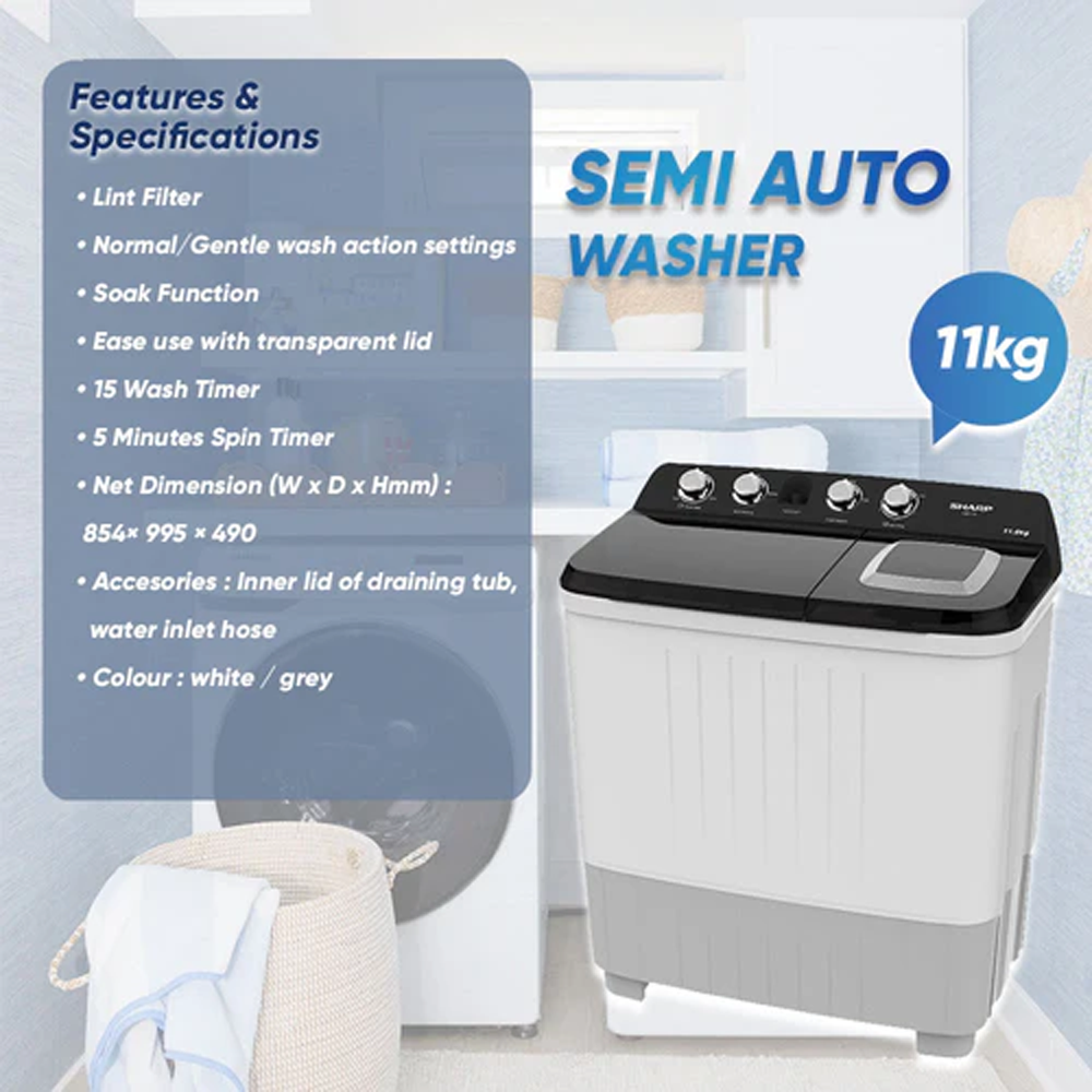 SHARP 8KG / 11KG / 13KG / 15KG SEMI AUTO WASHING MACHINE ESTP8016 / ESTP1116 / ESTP1316 / ESTP1516 | Lint Filter | Wash Timer | Spin Timer | Water Inlet Selector