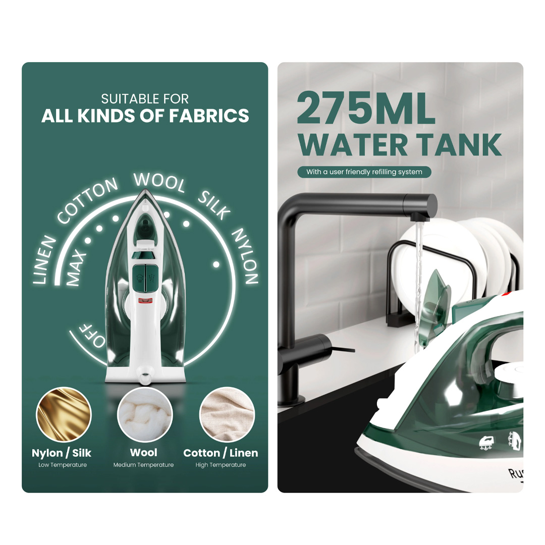 Russell Taylors 1750W Steam Iron with Non-Stick Soleplate SI-10 | 5 Steam Settings | 275ML Water Tank | 15sec Heat Up | Iron with 2 Year Warranty