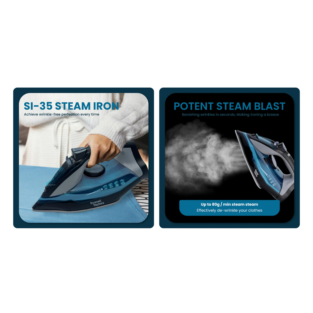 Russell Taylors 2200W Steam Iron with Non-Stick Soleplate SI-35 | 5 Steam Settings | 350ML Water Tank | 2 Min Heat Up | Iron with 2 Year Warranty