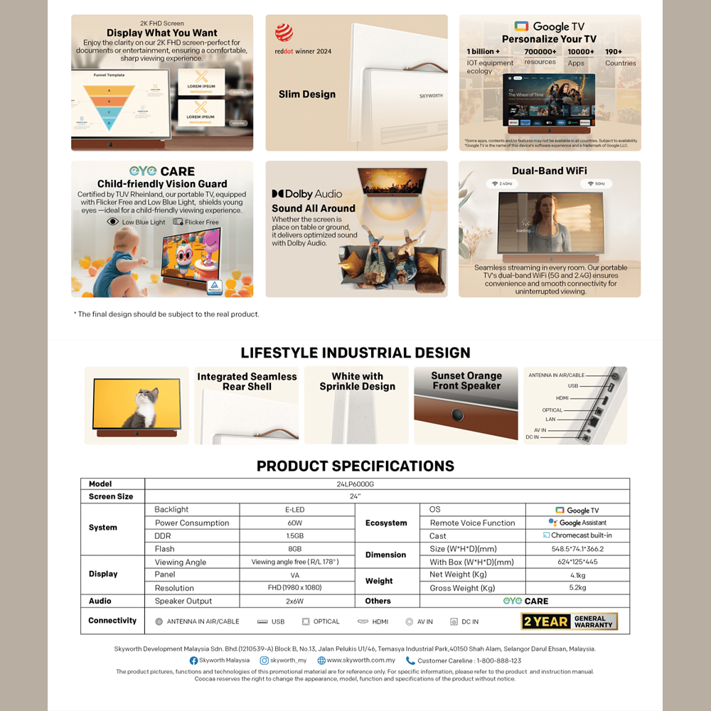 SKYWORTH 24'' 2K FHD Portable TV 24LP6000G | Slim Design, Leather Carry Handle, Super Light Weight | 3 hours battery life