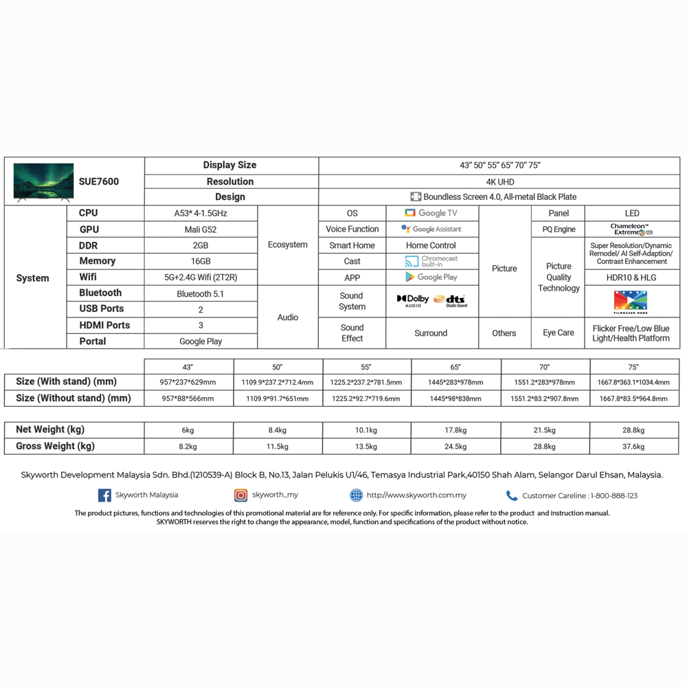 SKYWORTH 55" 4K UHD Google LED TV 55SUE7700 | Chameleon Extreme 2.0 | HDR10 & HLG | Eye Protection