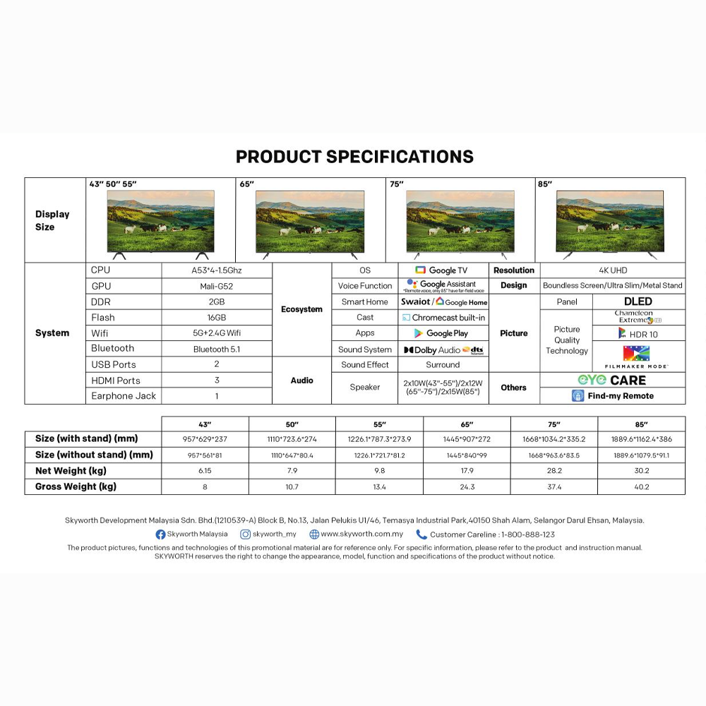 SKYWORTH 43"/50"/55"/60"/65"/75" 43SUE7800/50SUE7800/55SUE7800/60SUE7800/65SUE7800/75SUE7800  4K UHD Eye Care Series Google TV | HDR10 & HLG