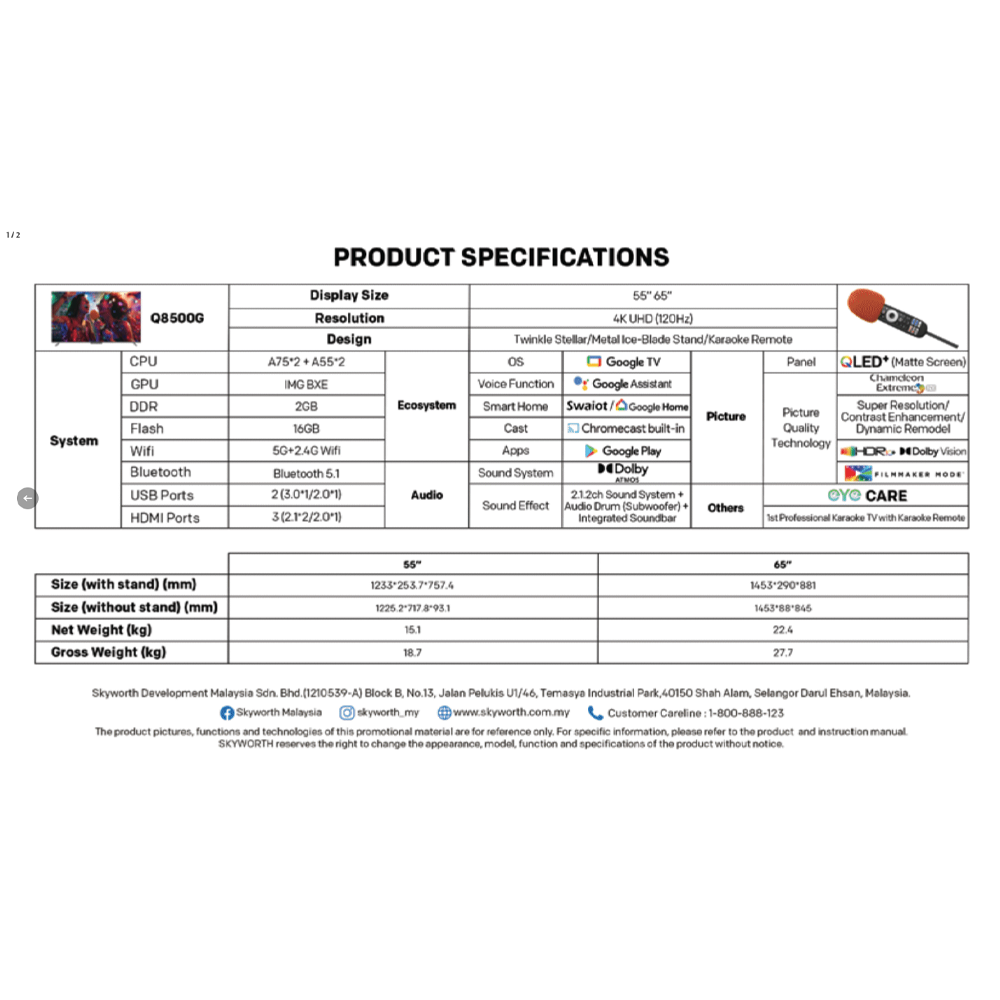 SKYWORTH 55"/65" AI Karaoke QLED Google TV 55Q8500G/65Q8500G | Chameleon Extreme™ 3.0 | Matte Screen Pro | Eye Care