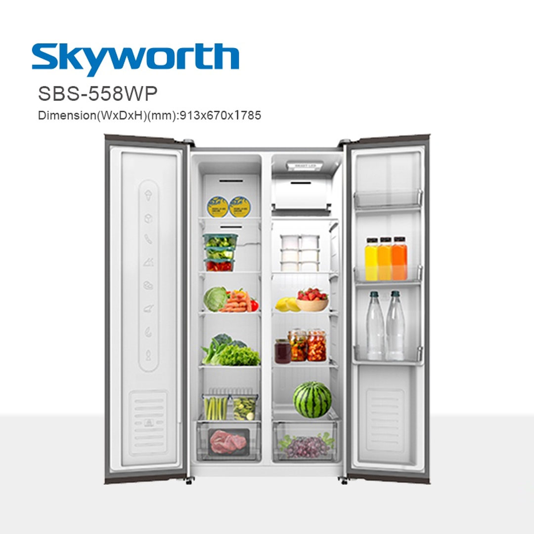 SKYWORTH 636L Side by Side ProSilent Inverter Refrigerator SBS-558WP | Electronic Smart Control | Nano Ag+ Filter | Moist Fresh Room | Refrigerator with 2 Year Warranty