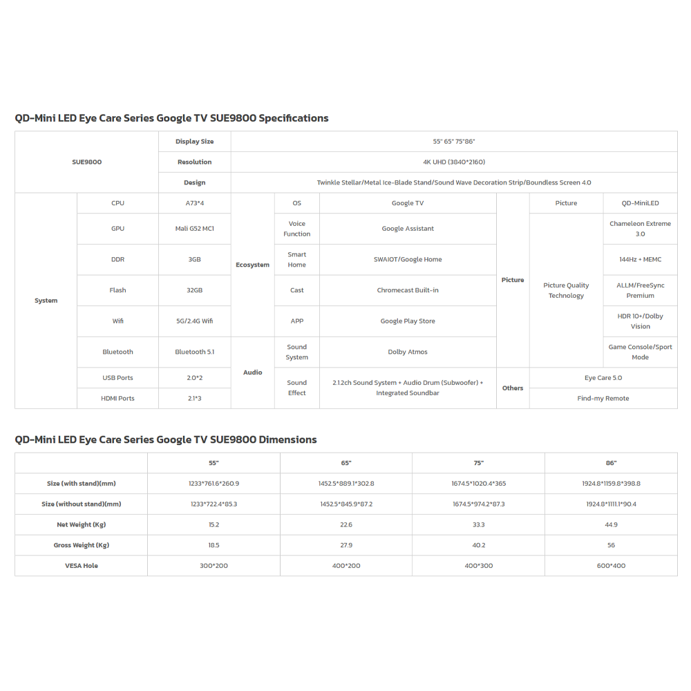 SKYWORTH 55"/65"/75" QD-Mini LED Eye Care Series Google TV SUE9800 | 144Hz and MEMC | Dual chip 16 Crystal Mini LED