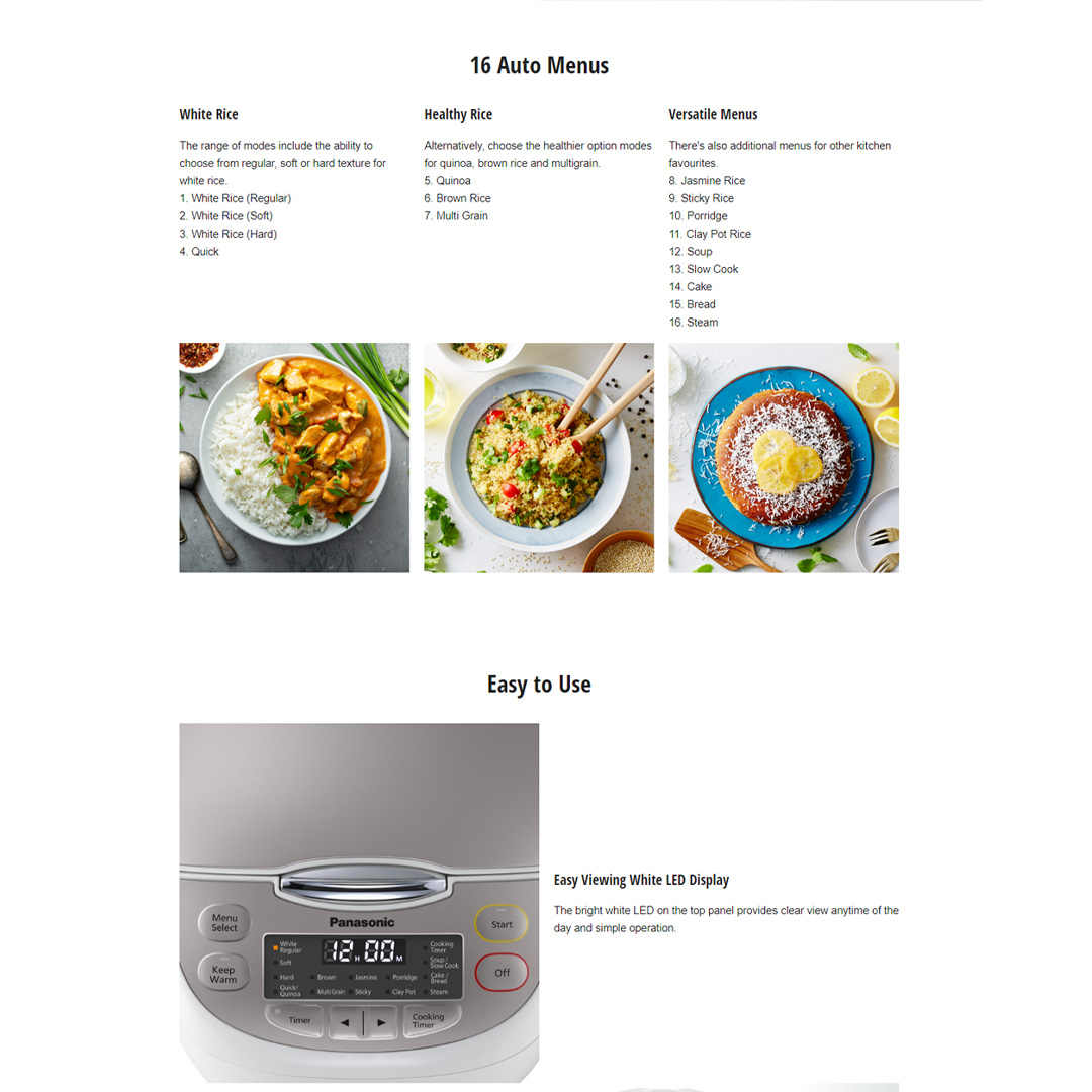 Panasonic 1.8L Microcomputer Jar Rice Cooker SR-CP188NSK | 4.0 mm with 6-layer Inner Pan | 6 Auto Menus | Keep Warm Function | Rice Cooker with 1 Year Warranty