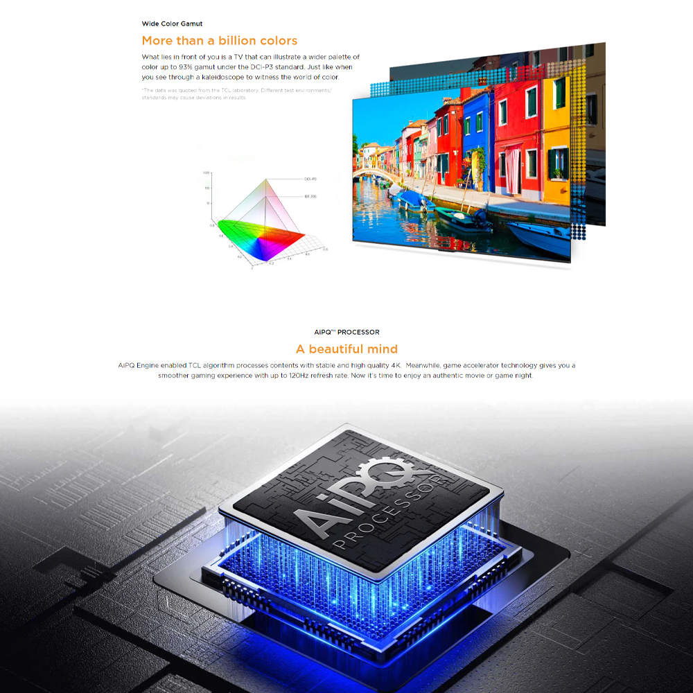 TCL 43" 50" 55" 65" 75" P755 4K UHD Google TV | Slim & Uni-body | AiPQ Processor | | T-SCREEN | 120Hz Game Accelerator