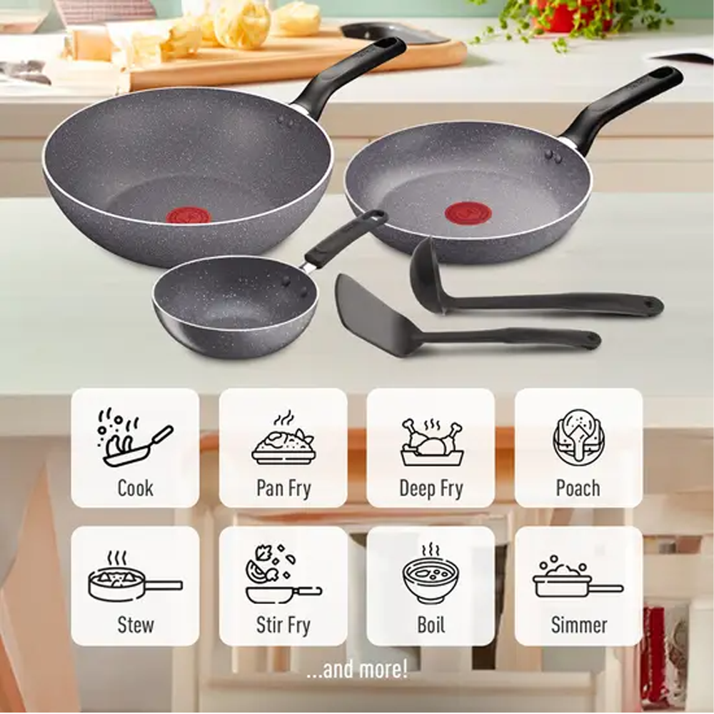 Tefal Natura 5-Piece Cookware Set B226S595 | Perfect Searing Thermo-Signal | Naturally Resistant Mineralia Coating | Safe Non-Stick