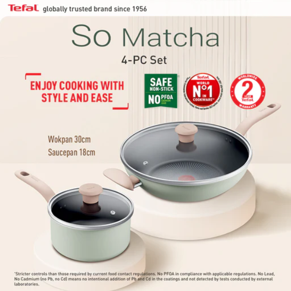 Tefal So Matcha Non-Stick Cookware Set 4-Piece Set with Lids G179S495 G179S4 | Perfect Searing Thermo-Signal | Titanium NonStick