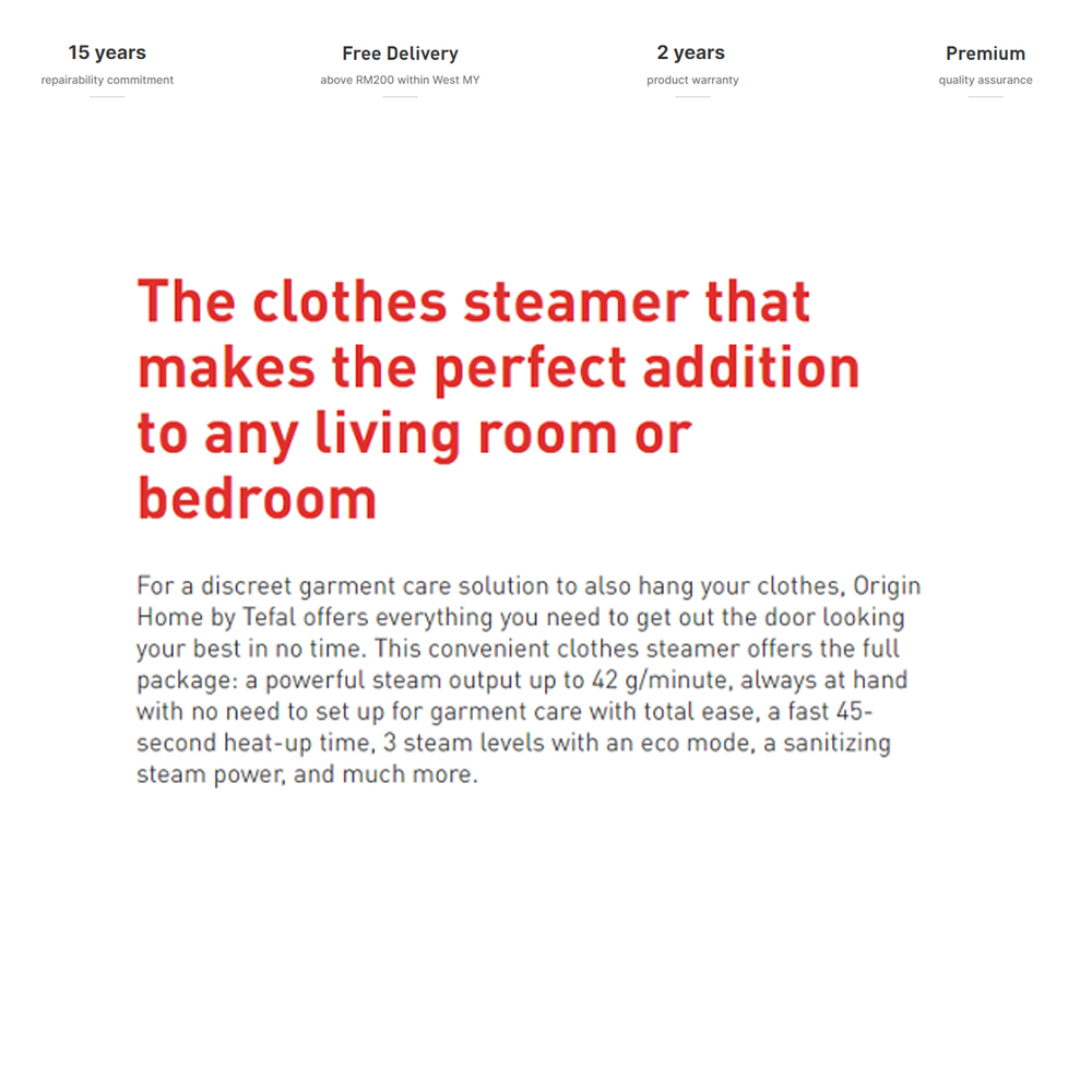 Tefal 2000W Origin Home Clothes Steamer IT3280 | 3 Steam Levels |  1.4L Water Tank | 45 Seconds To Complete Heating