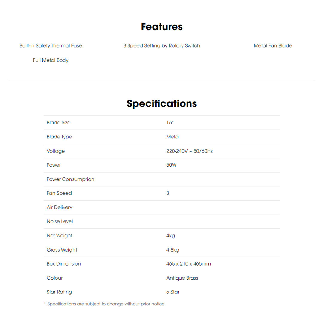 KHIND 16" Antique Table Fan TF161A | Built-in Safety Thermal Fuse | 3 Speed Setting by Rotary Switch | Full Metal Body | Table Fan with 1 Year Warranty