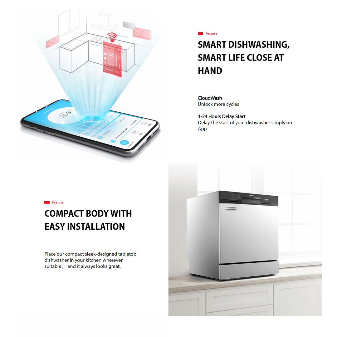 TOSHIBA 8 Place Setting Table Top Dishwasher DW-08T3(S)-MY | Turbo Heat Drying | Off-Peak Wash | Hi-Temp Hygiene Cycle | Soil-Sensing Auto Cycle | Dishwasher with 1 Year