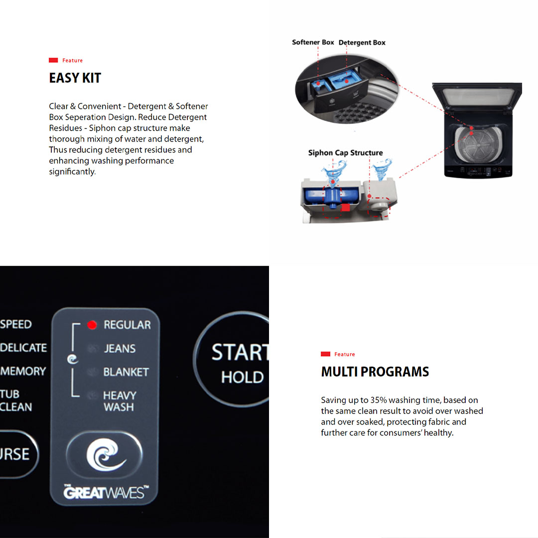 TOSHIBA 15KG IVT UFB/17KG UFB Greatwaves Washer AW-DUM1600LM(SG)/AW-DUM1800MM(SG) | Origin Inverter | Ultra Fine Bubble | Soft Close LID | Multi Programs | Washer with 1 Year Warranty