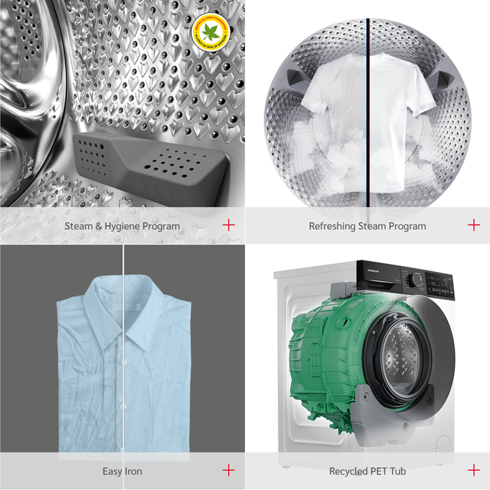 Hitachi 9/ 10KG Front Load Inverter Steam & Hygiene Washing Machine BD-90YFVEM / BD-100XFVEADM | Steam & Hygience Programme | Efficient Inverter Motor | 15 Preset Programmes