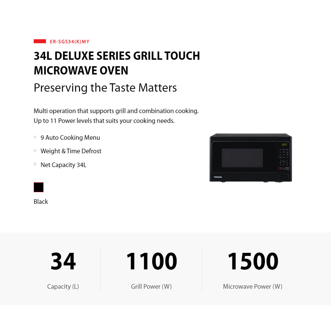 TOSHIBA 20L/34L Microwave Oven ER-SGS20(K)MY/ER-SGS34(K)MY | Microwave & Grill | 9 Auto Cooking Menu | Weight & Time Defrost | Microwave Oven with 1 Year Warranty
