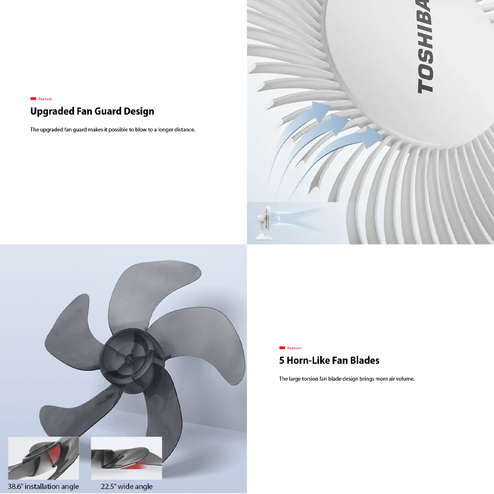 TOSHIBA 16" Wall Fan F-AWB50MY| Dual-Channel Air | 5 Horn-Like Fan Blades | Ball Bearing Motor