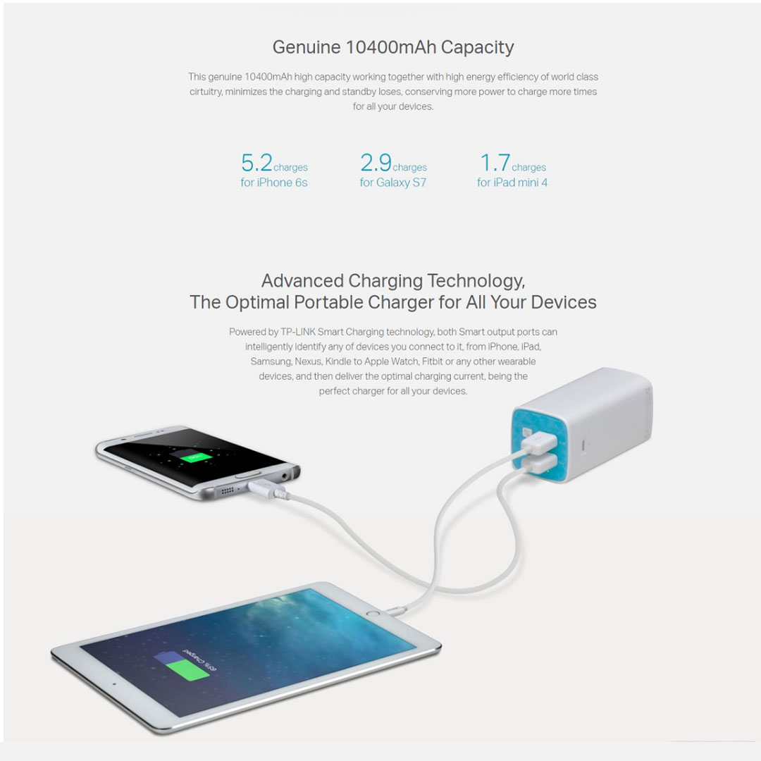 TP-Link 10400mAh Power Bank TL-PB10400 | Dual USB Ports | Compatible with 5V Input USB-Charged Devices | Multiple Safety Protections | Practical Flashlight | Powerbank with 3 Months Warranty