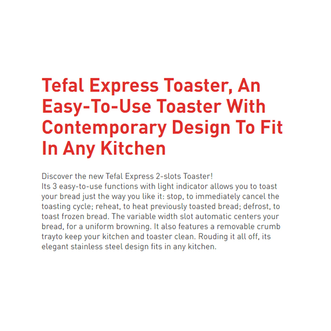 Tefal 2 Slices Express Toaster TT410D | 7 Browning Levels | Removable Crumb Tray | Indicator Light | Defrost | Reheat | Toaster with 2 Year Warranty