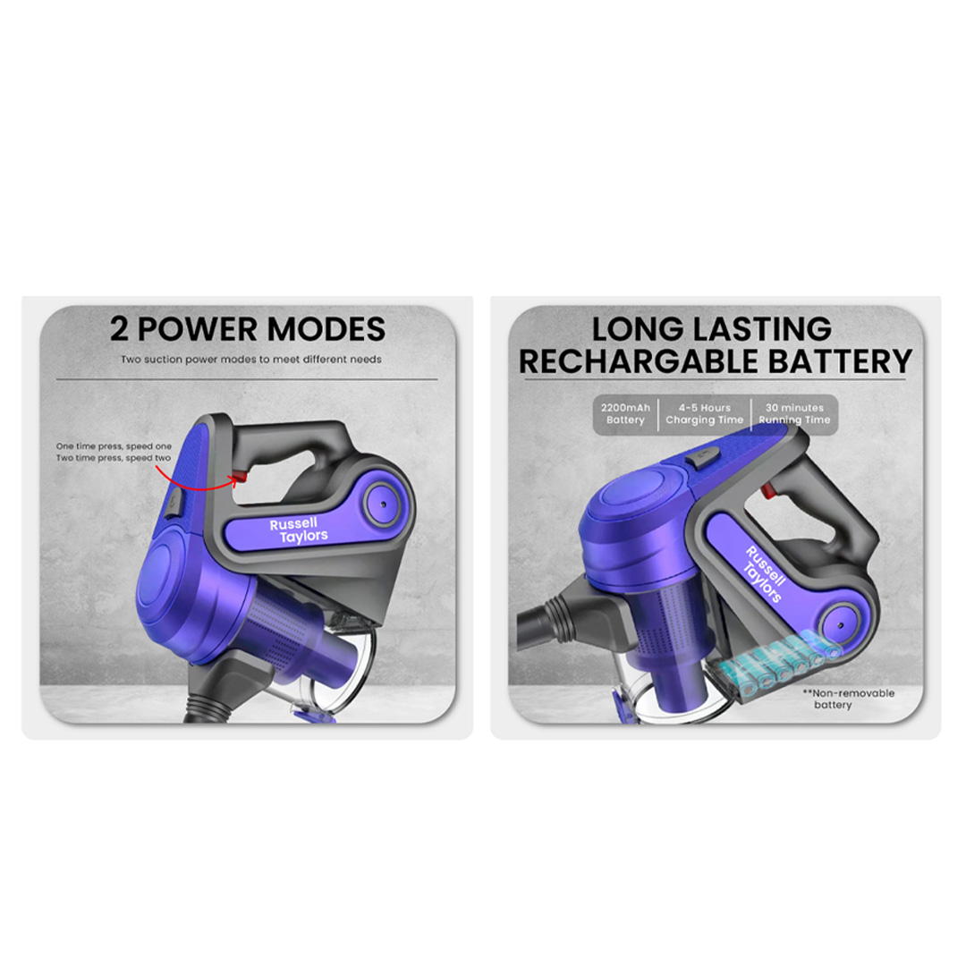 Russell Taylors 130W Cordless Vacuum Cleaner VC-22 | Powerful DC Motor | 2 Power Modes | Quick Release Dust Canister | Vacuum with 2 Year Warranty