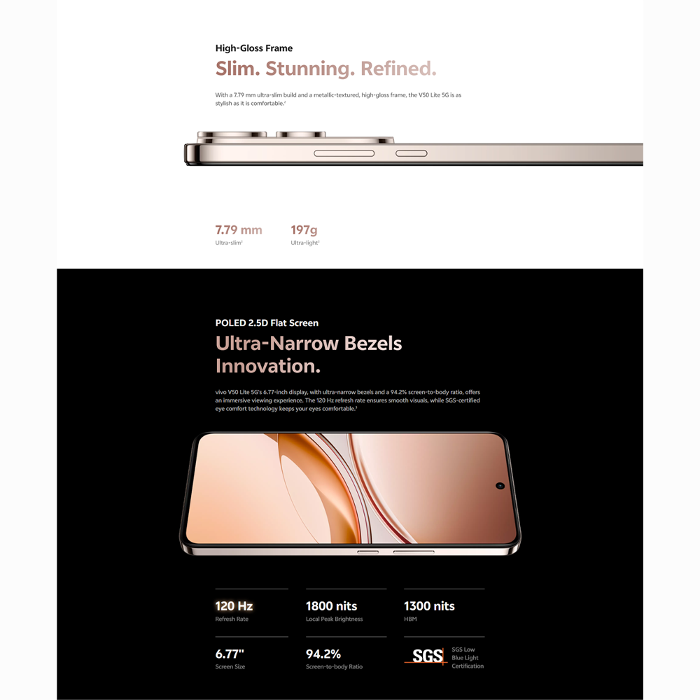 vivo V50 Lite 5G | BlueVolt Battery So Pro | 50 MP Sony Ultra-High Sensitivity Camera | Powerful Ai Function | 6500 mAh, 90W Fast Charge