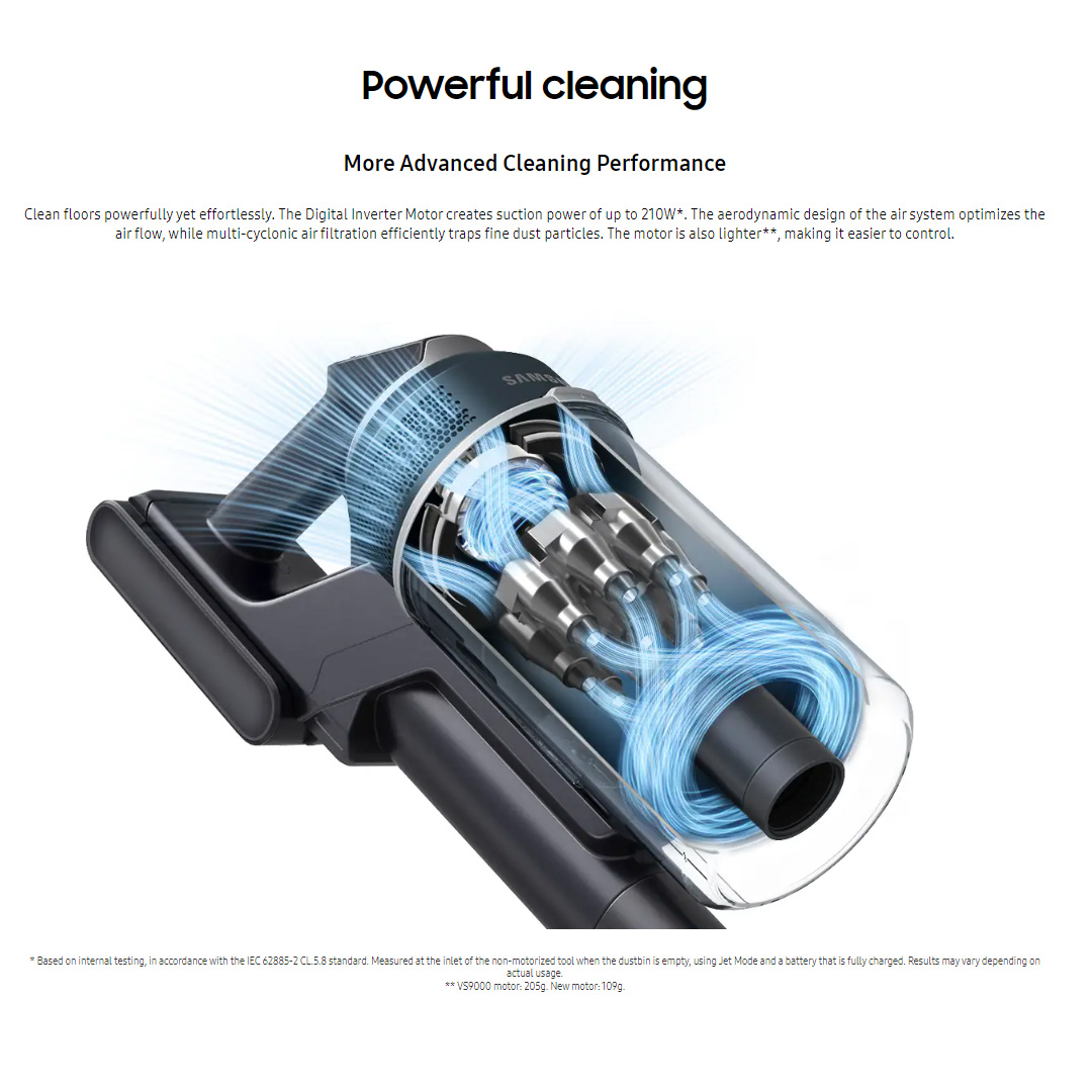 SAMSUNG 210W Jet 85 Premium Digital Inverter Motor Vacuum Cleaner Stick VS20C852FTB/ME | 210 W Suction Power | Jet Cyclone | More Advanced Cleaning Performance |  Clean Up to 1 hour | Vacuum Cleaner with 2 Years Warranty