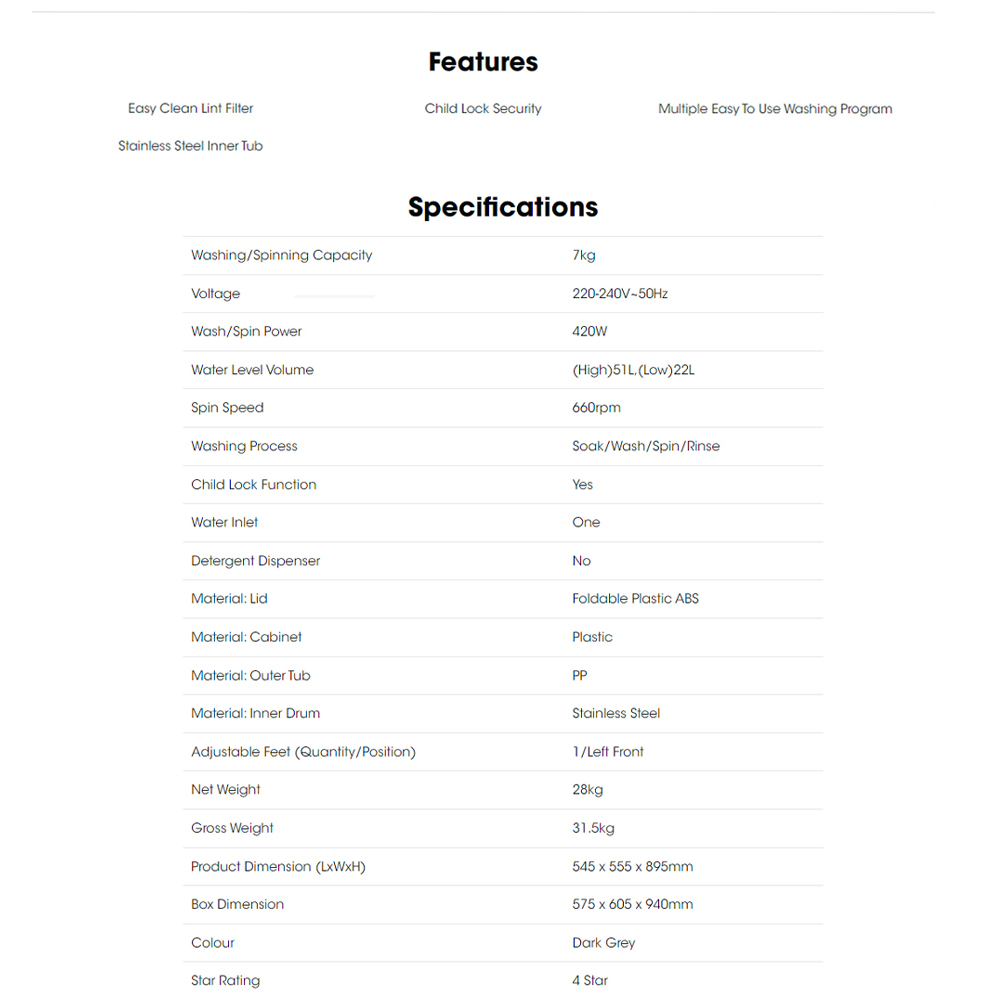 KHIND 7KG Fully Auto Washing Machine WM70A |  Easy Clean Lint Filter | Stainless Steel Inner Tub | Child Lock Security | 2  Year General Warranty   3  Year Panel Warranty  5 Year Motor Warranty