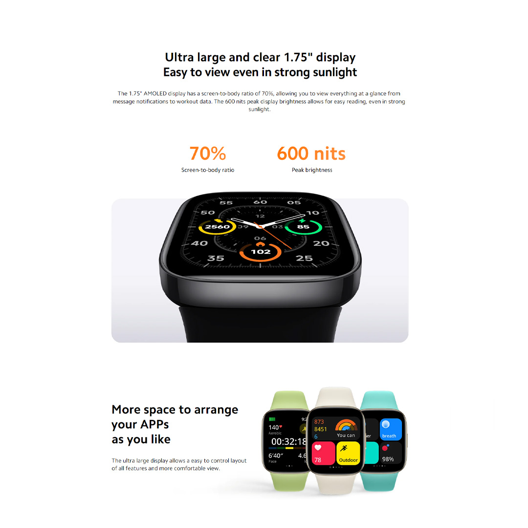 Xiaomi Redmi Watch 3 | 1.75" AMOLED Display | Up to 12 Days of Battery Life | 5ATM Water Resistance | 120+ Workout Modes | Smart Watch with 1 Year Warranty