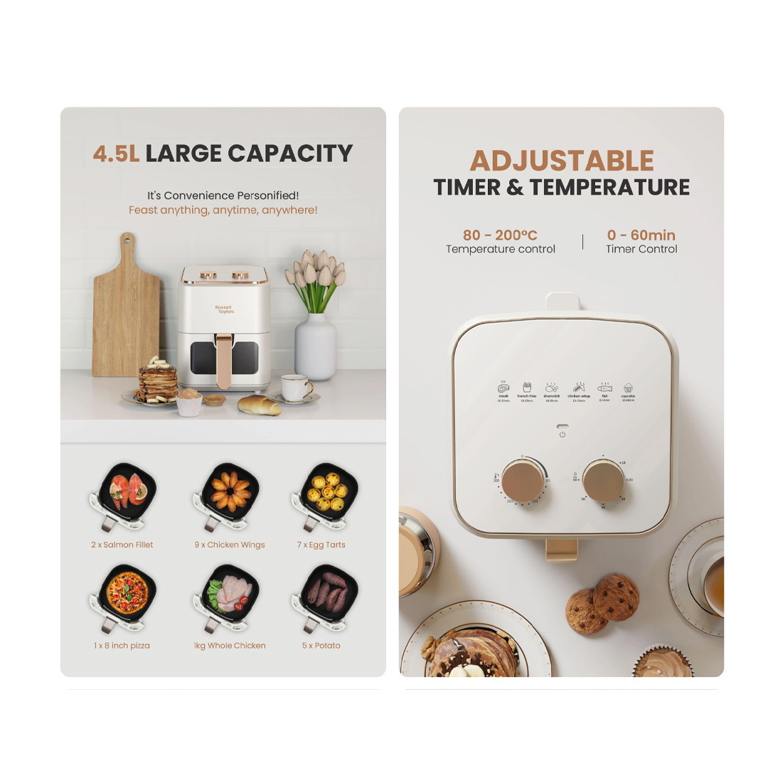 Russell Taylors 4.5L 3D Visible Window Air Fryer Z3 | 1200W Power | 360° Rapid Air Circulation Technology | Mechanical Control | Air Fryer with 2 Year Warranty