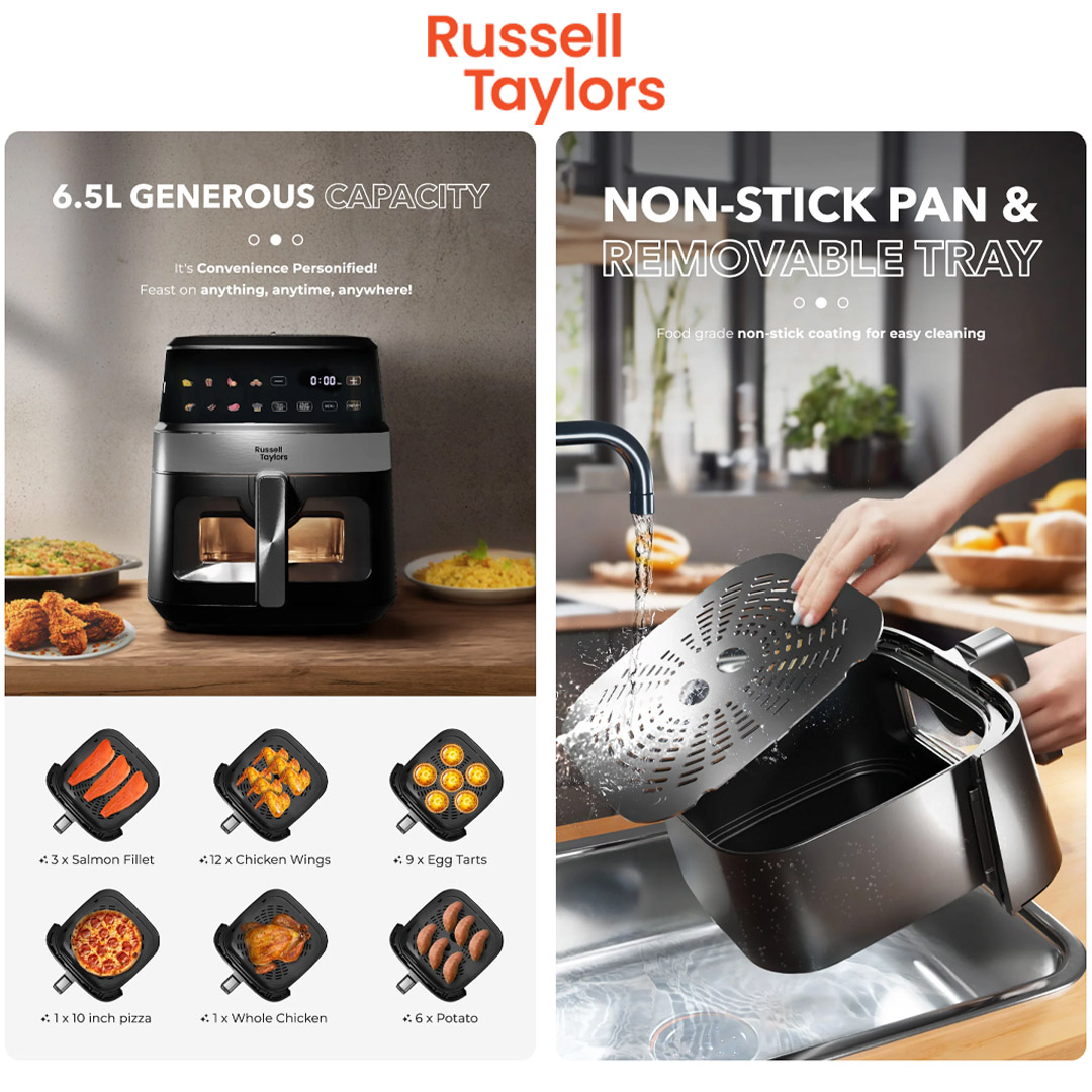 Russell Taylors 6.5L Visible Window Digital Air Fryer Z7 | Power Rating 1350 W | Crystal Clear Frying | Adjustable Timer & Temperature | Air Fryer with 2 Year Warranty