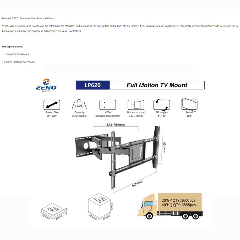 Zeno 55"-100" LED TV BRACKET - Full Motion Cantilever Mount (DOUBLE CANTILEVER ARM) LP620