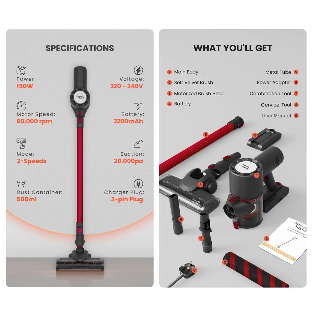 Russell Taylors 150W Cyclone Cordless Vacuum Cleaner V7X | 5 Layers of Innovation | 2200mAh Battery | Quick Release Dust Canister | Vacuum with 2 Year Warranty