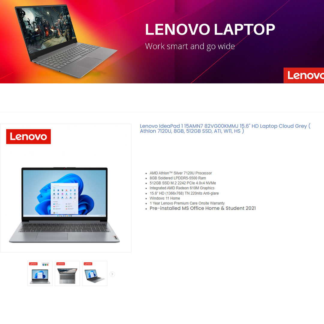 Lenovo Ideapad 1 15AMN7/15ALC7  Laptop 82VG00KMMJ/82R400EVMJ (AMD Ryzen 5 5500U/ 8GB+512GB / 15.6-inch / ) | 	AMD Radeon™ 610M Graphics | AMD SoC | Laptop with 2 Year Warranty