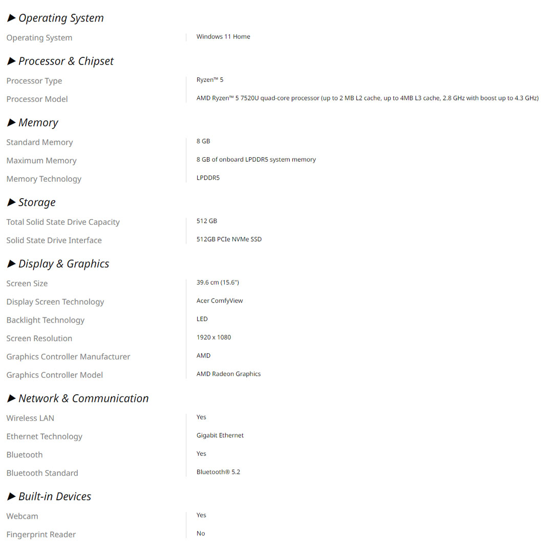 Acer Aspire 3  Laptop A315-24P-R6GK/A315-510P-C6S0 (Ryzen 5 7520U/ 8GB+512GB SSD/ 15.6-inch FHD/ W11) | Radeon Graphics | Laptop with 2 Years Warranty