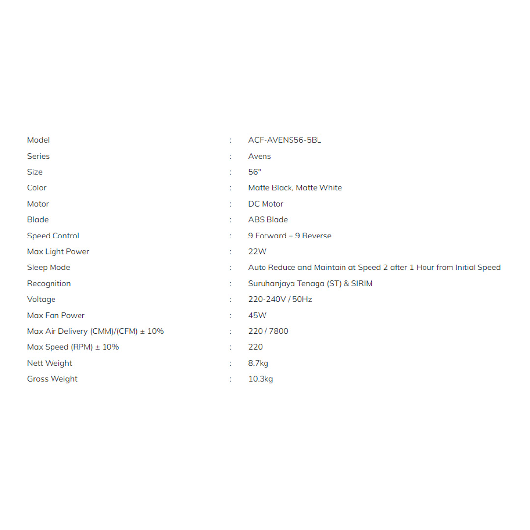 Rubine 56" Avens Series 5 Blades DC Motor Ceiling Fan with LED ACF-AVENS56-5BL-MB | 9F+9R Speed RF Remote Control | Sleep Mode | Ceiling Fan with 1 Year Warranty