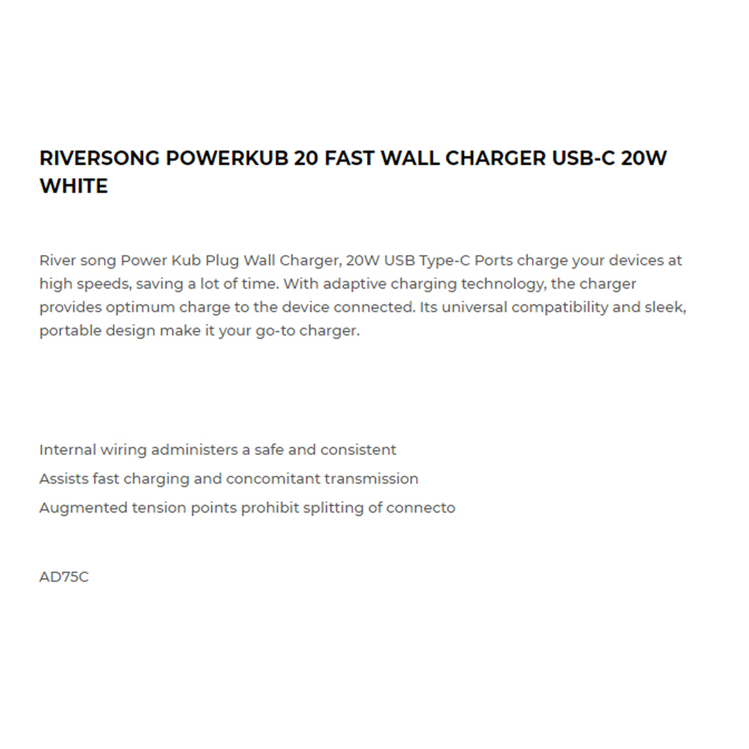 RIVERSONG 20W PowerKub 20 Fast Wall Charger Adapter AD75C | Intelligent Matching Charging | Compact | Portable | Adapter with 1 Year Warranty