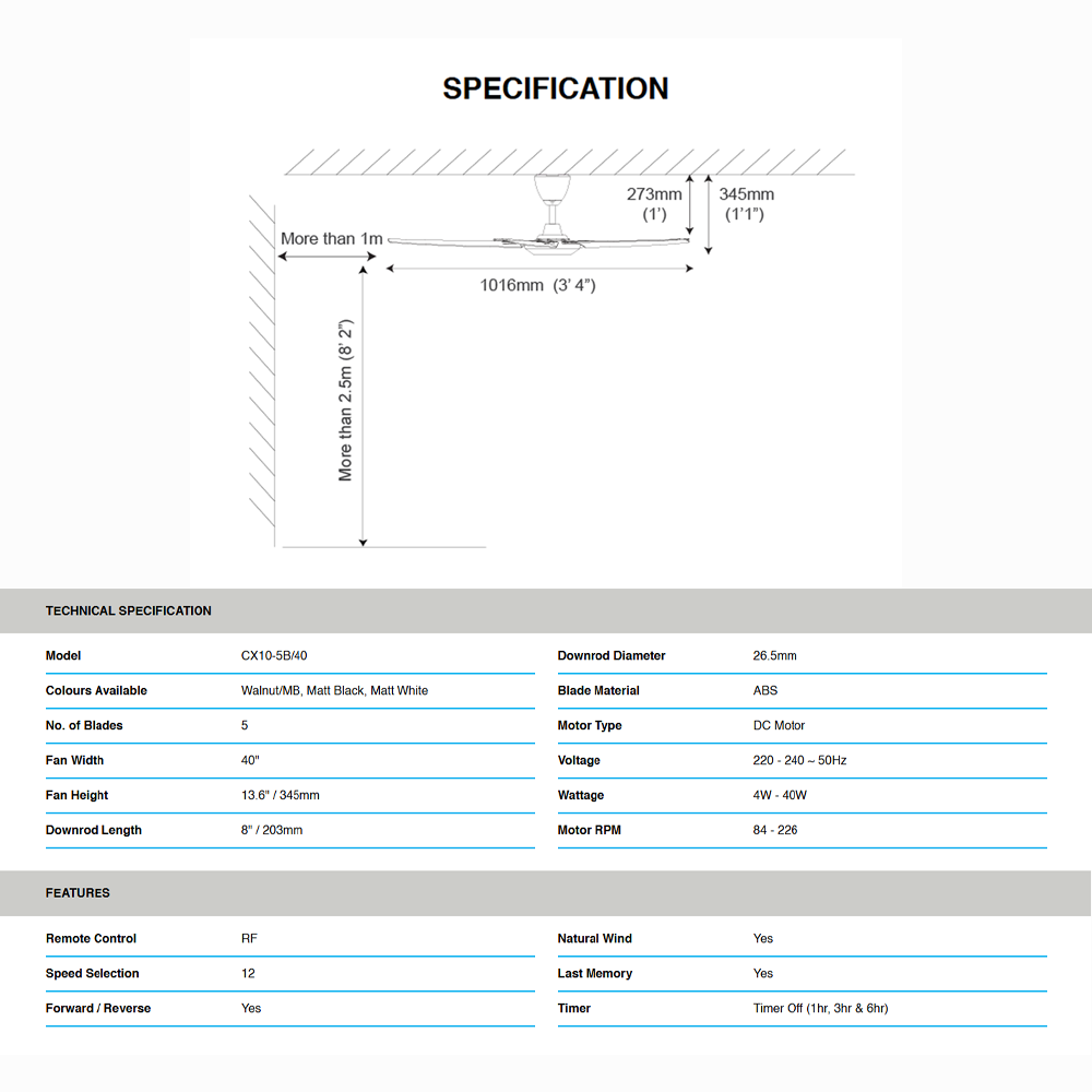ALPHA COSA 5 Blades DC Motor Ceiling Fan CX10-5B/40/ CX10-5B/46 / CX10-5B/56 | DC Energy | Silent Operation | Foward Reverse | Natural Wind | Ceiling Fan with 1 Year Warranty