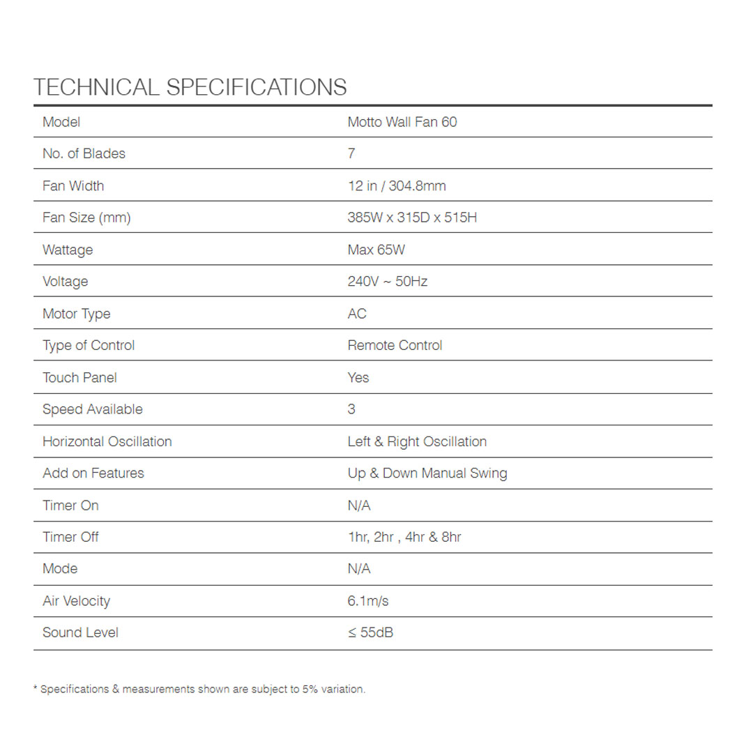 ALPHA 12" Wall Fan MOTTO WALL FAN 60 | 3 Fan Speed | 7 Blades | Auto Swing | Timer Off | Touch Panel | Remote Control | Wall Fan with 1 Year Warranty