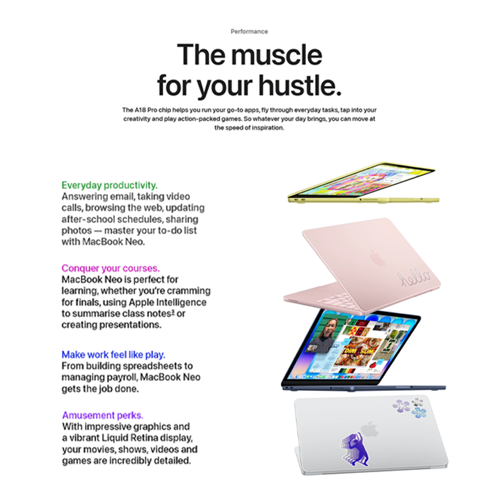 Apple MacBook Neo 8GB+256GB/ 8GB+512GB | 13-inch | Apple A18 Pro chip with 6‑core CPU and 5‑core GPU | Built-in privacy | 1080p FaceTime HD camera