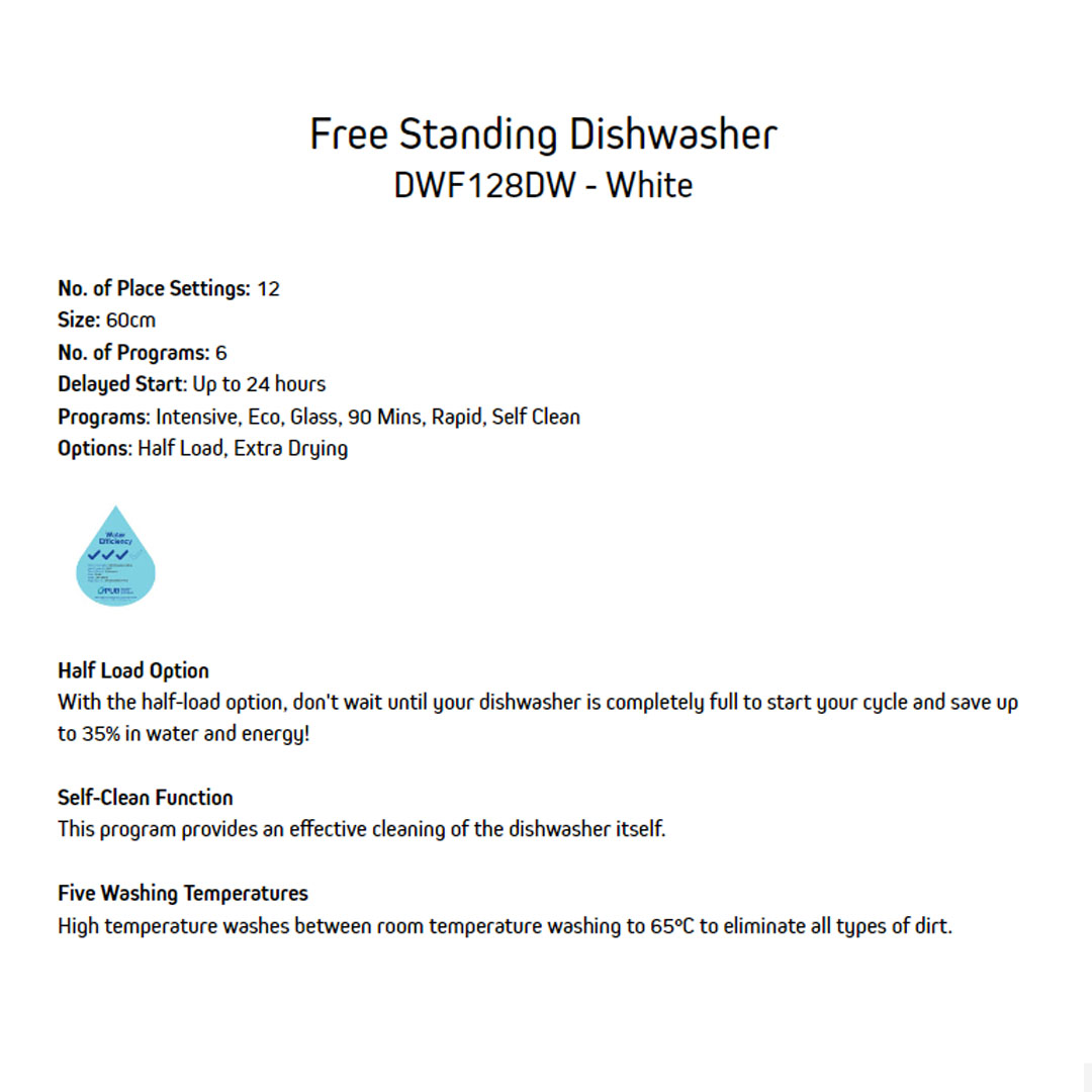 Brandt 12/15 Place Setting Free Standing Dishwasher DWF128DW/BDF54DXA | Hygiene+ | Extra Drying | Up to 24 hours | Dishwasher with 1 Year Warranty