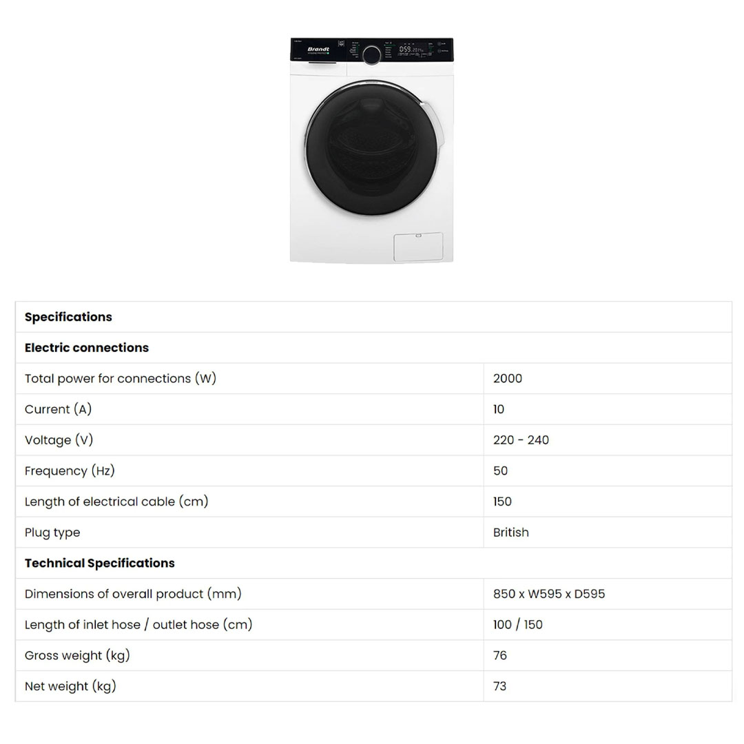 Brandt 10KG/12KG Front Load Inverter Washing Machine WFB104QWA/WFB126QWA | 14 Multi Programs | Anti Detergent Leak | Child Lock | Washing Machine with 1 Year Warranty