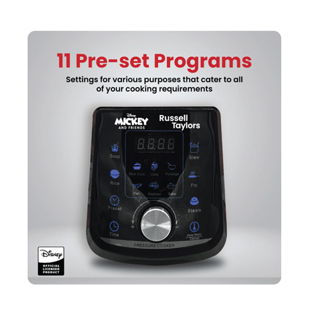 Russell Taylors 6L Disney Mickey And Friends Pressure Cooker D2 | 24 Hour Delay Time | Keep Warm Function | 10 Preset Programs | LED Display | Cooker with 2 Year Warranty